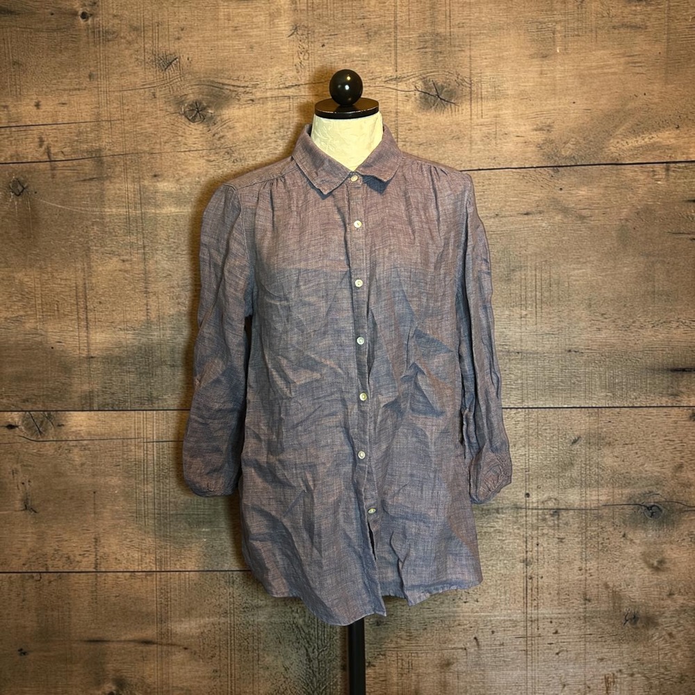 Sigrid Olsen Women Blue 100% Linen Button Down Tunic Shirt Smocked Cuff Size M